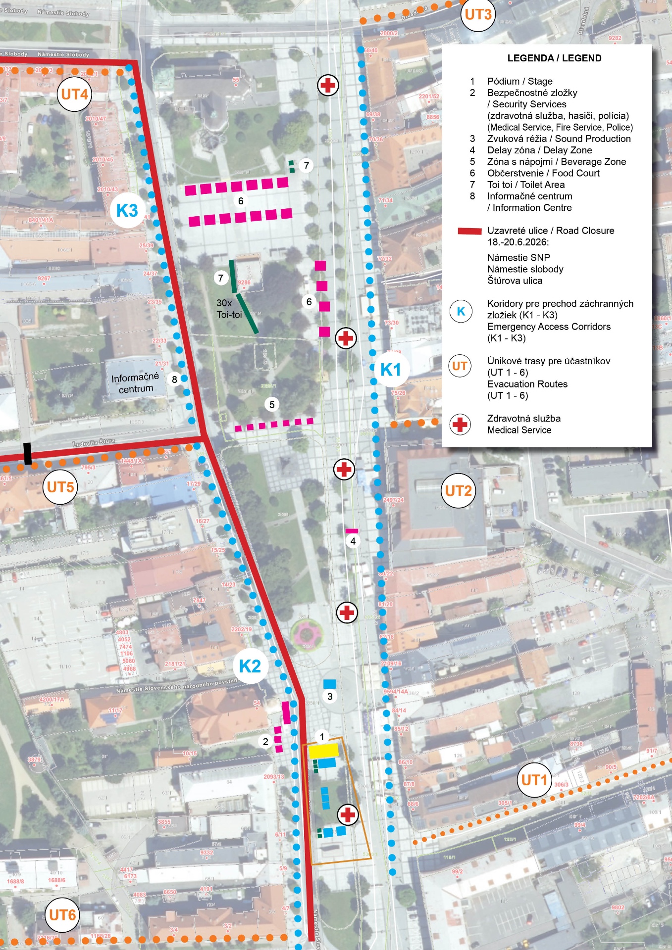 Orientačná mapa centra Zvolena s vyznačenými zónami, uzávierkami ulíc a únikovými trasami